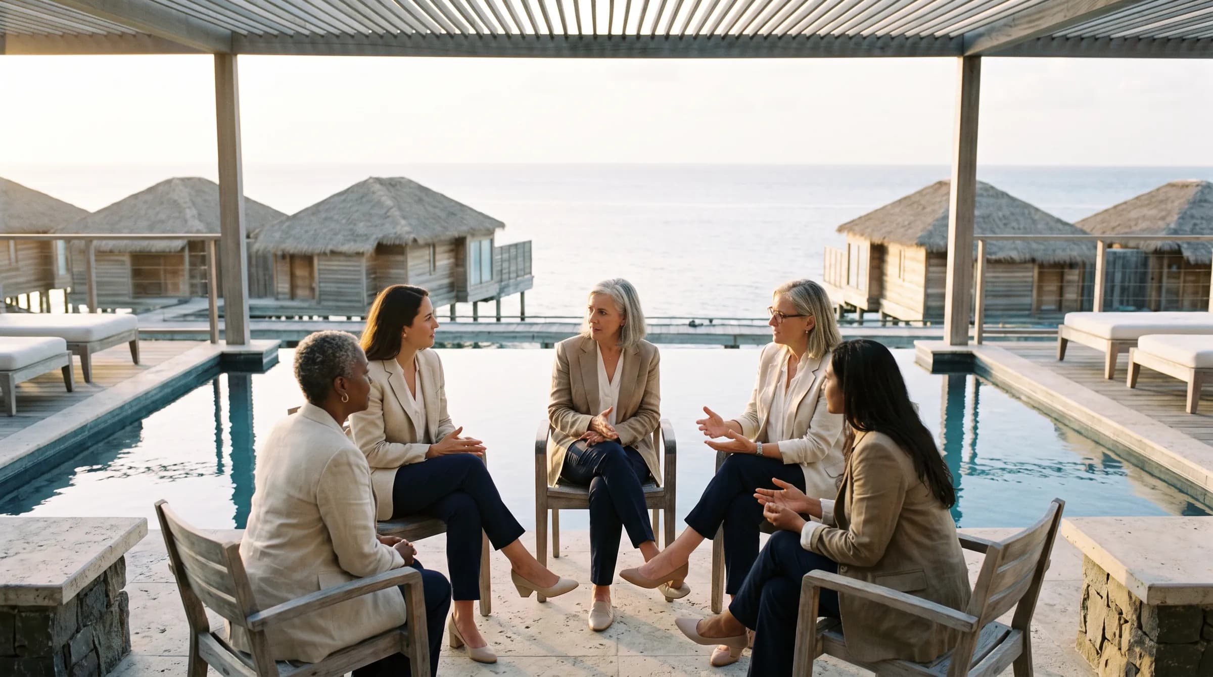 Illustrative retreat scene: luxury Caribbean overwater huts with women gathered and talking around a calm poolside at golden hour. AI-generated concept image, not a photograph of past attendees.