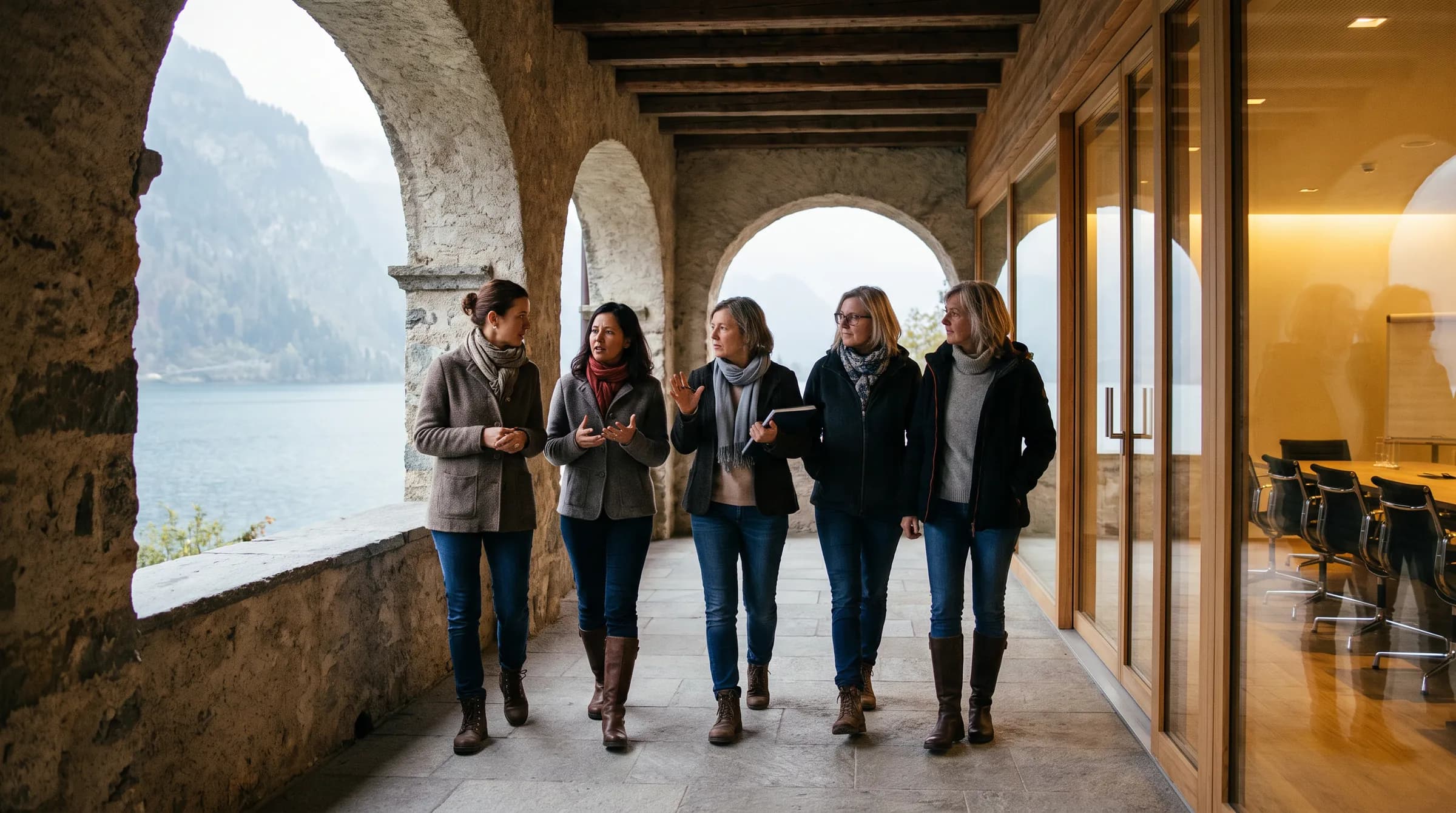 Illustrative retreat scene: a grand European retreat setting with monumental architecture, deep perspective and warm evening light. AI-generated concept image, not a photograph of past attendees.