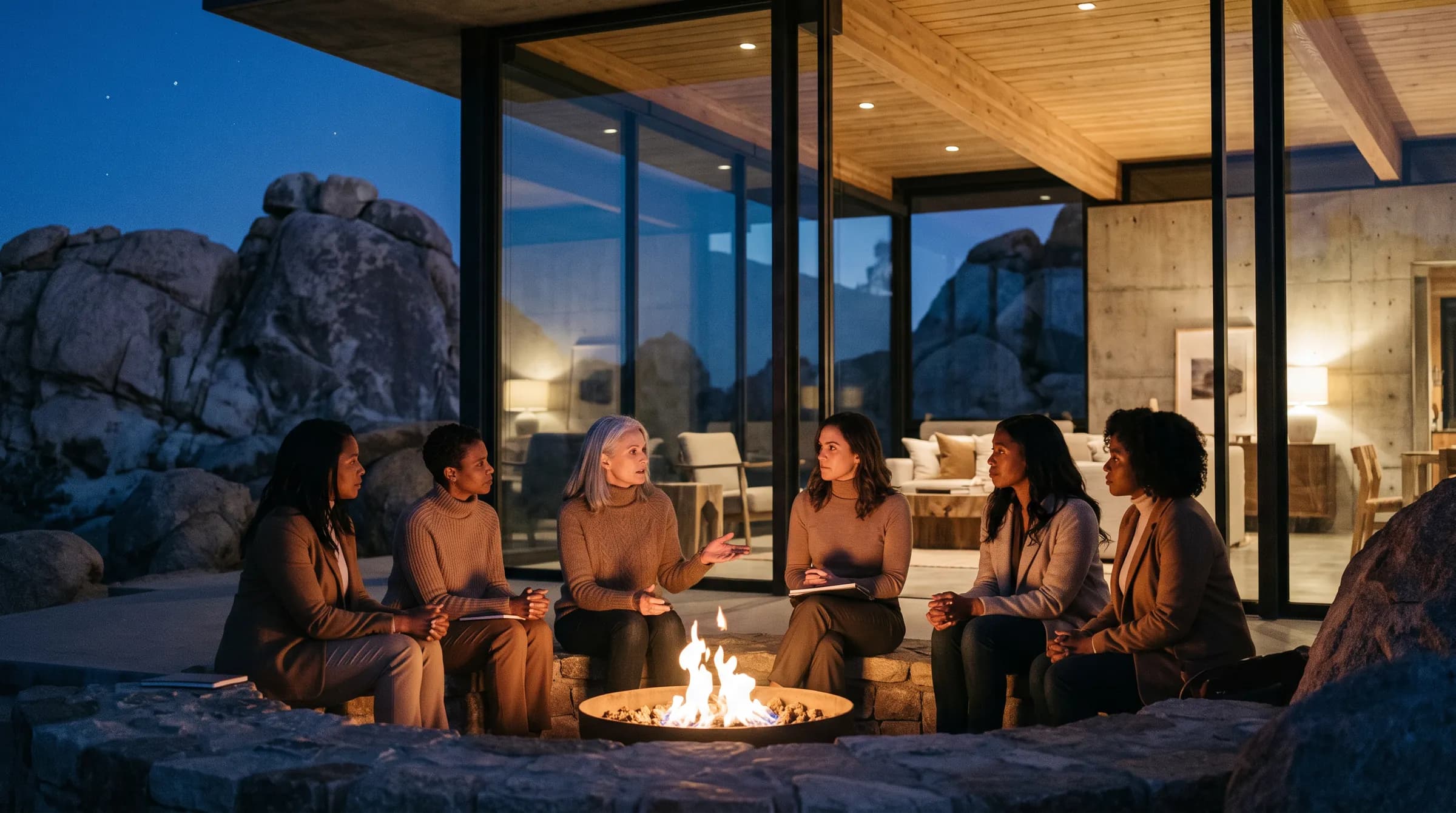 Illustrative retreat scene: a light-filled modern retreat space in the United States with strong horizon lines and warm daylight. AI-generated concept image, not a photograph of past attendees.