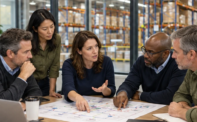 Illustrative supply-chain team discussing plans in a warehouse, not Council members or a testimonial